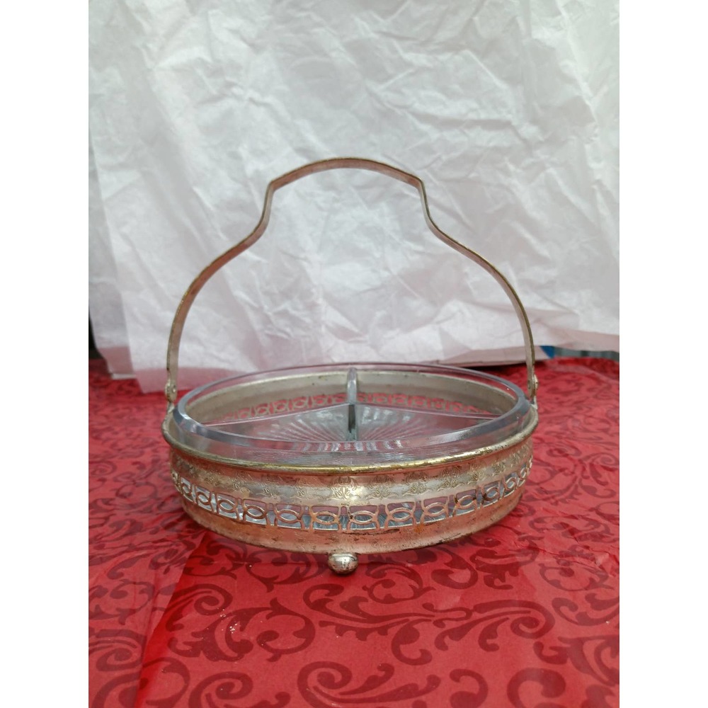 Vintage Triple Divided Relish-Nut-Candy Dish with Metal Holder/Caddy 4 Inch